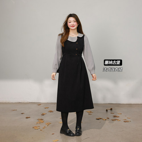 DM100大码百分百女装微胖mm冬季不规则领撞色假两件灯芯绒连衣裙