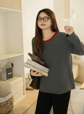 DM100大码百分百女装微胖mm冬季百搭撞色圆领宽松条纹衫打底T恤