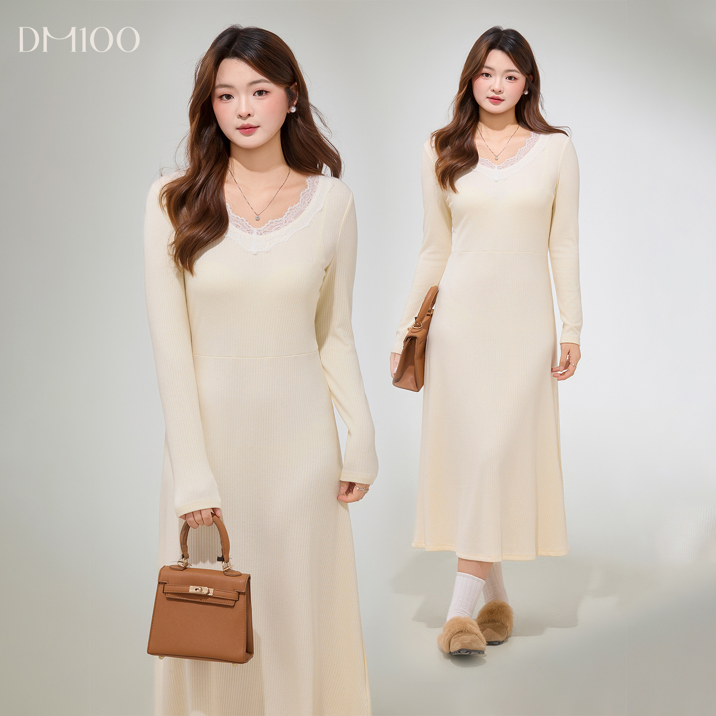 DM100大码百分百女装微胖mm冬季V领花边收腰散摆针织打底连衣裙