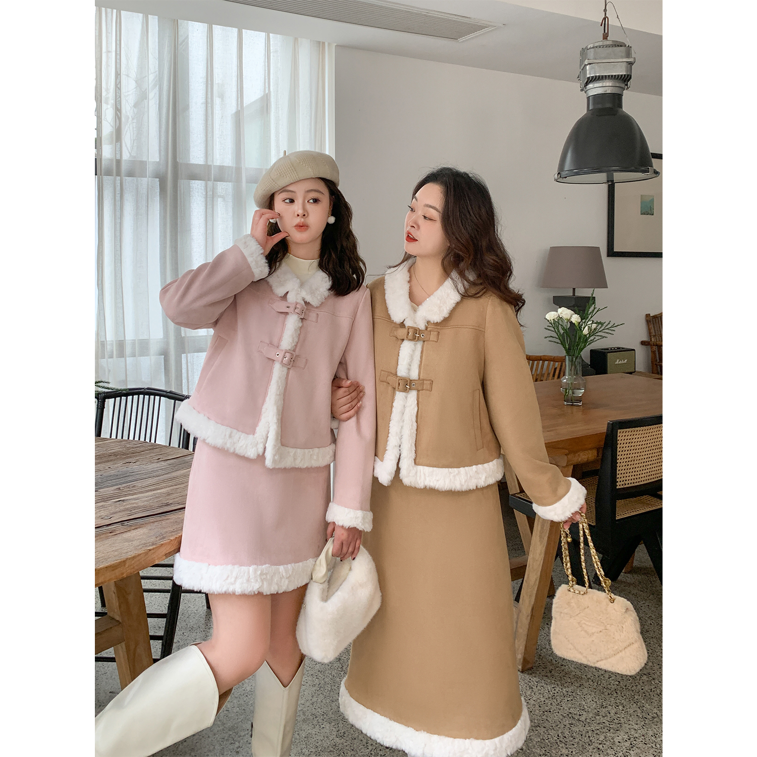 DM100胖mm大码女装2023冬新款保暖甜美韩版拼接外套半裙三件套装