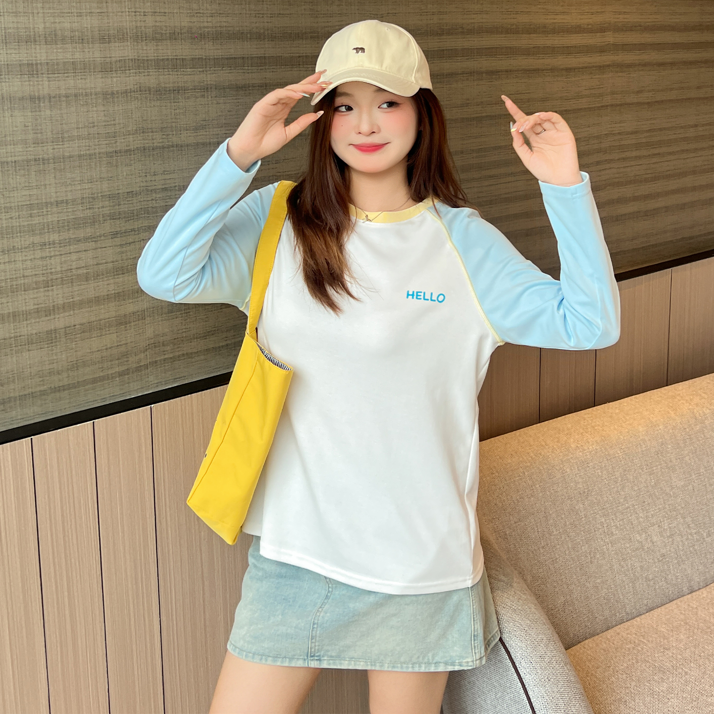 DM100大码百分百女装秋季微胖mm韩系时尚卡通撞色蓝白插肩袖T恤