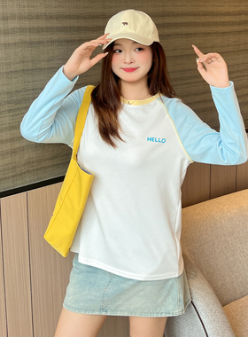 DM100大码百分百女装秋季微胖mm韩系时尚卡通撞色蓝白插肩袖T恤