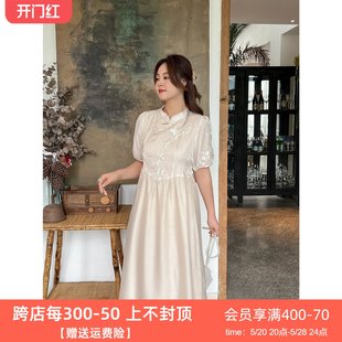 新中式 DM100大码 夏微胖mm 立领刺绣拼接显瘦 百分百女装 连衣裙