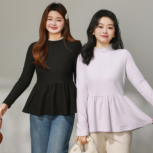 DM100大码百分百女装微胖mm冬季半高领花边收腰散摆打底德绒T恤