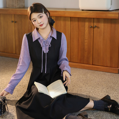 DM100大码百分百女装微胖mm冬季温柔减龄假两件衬衫百褶连衣裙