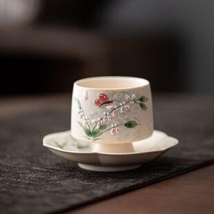 纯手绘文心兰陶瓷茶杯主人杯女士专用精致高脚杯中式田园风品茗杯