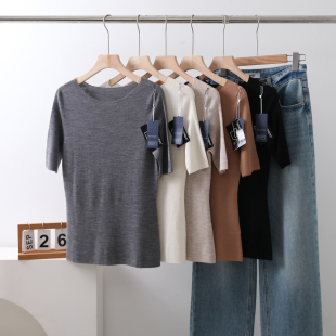 薄毛衣春 女修身 精纺100细羊毛扬子纱一字领露肩针织短袖 T恤打底衫