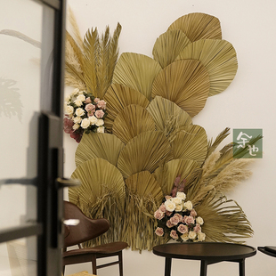 客栈酒店餐吧植物墙绿植墙网红葵扇叶干花墙面装饰背景墙室内壁挂