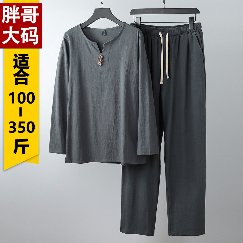 OVERSIZED AUTUMN COTTON AND LINEN LONG SLEEVE T-SHIRT SET MALE FAT MAN PLUS SIZE LINEN TANG SUIT TWO-PIECE FAT GUY