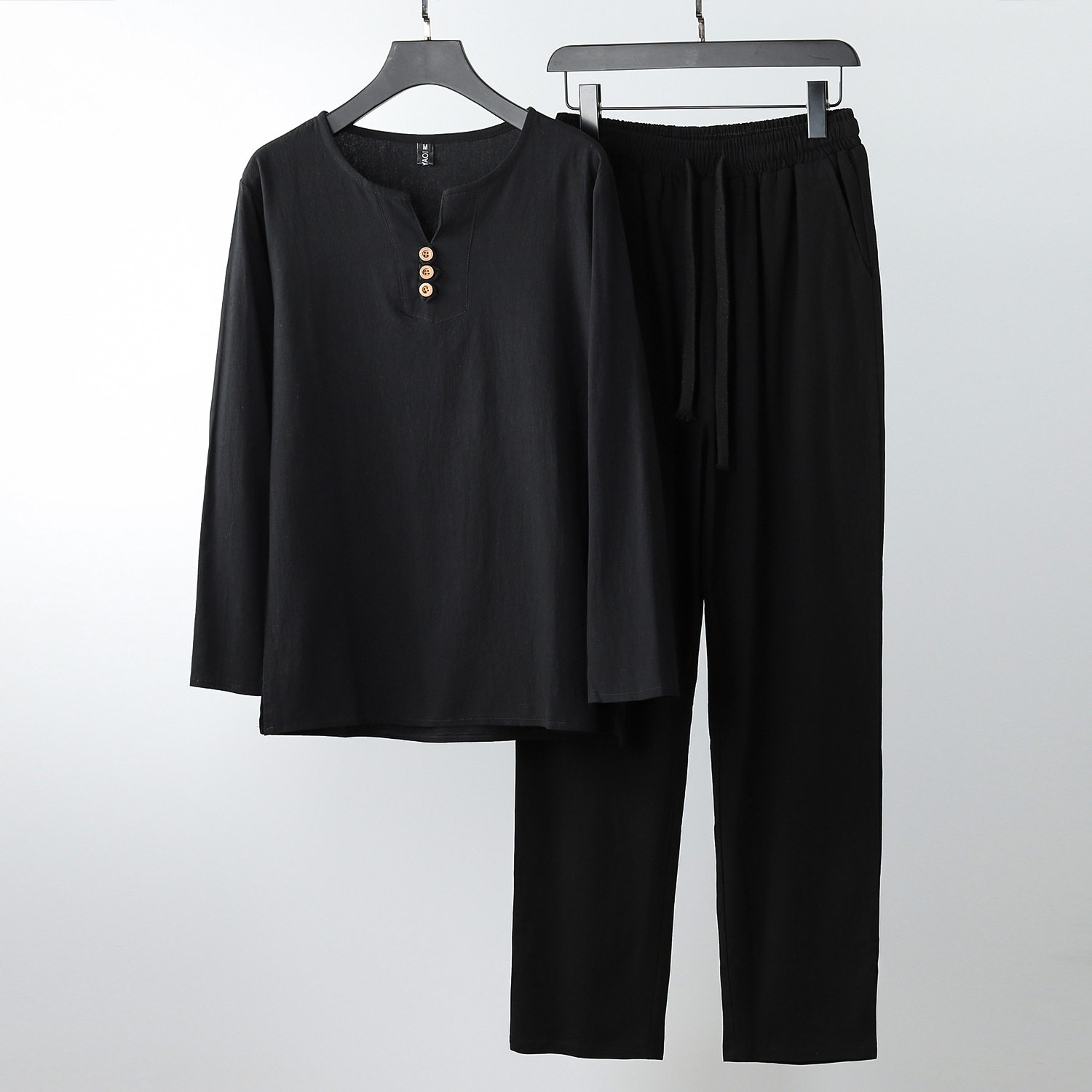 OVERSIZED AUTUMN COTTON AND LINEN LONG SLEEVE T-SHIRT SET MALE FAT MAN PLUS SIZE LINEN TANG SUIT TWO-PIECE FAT GUY