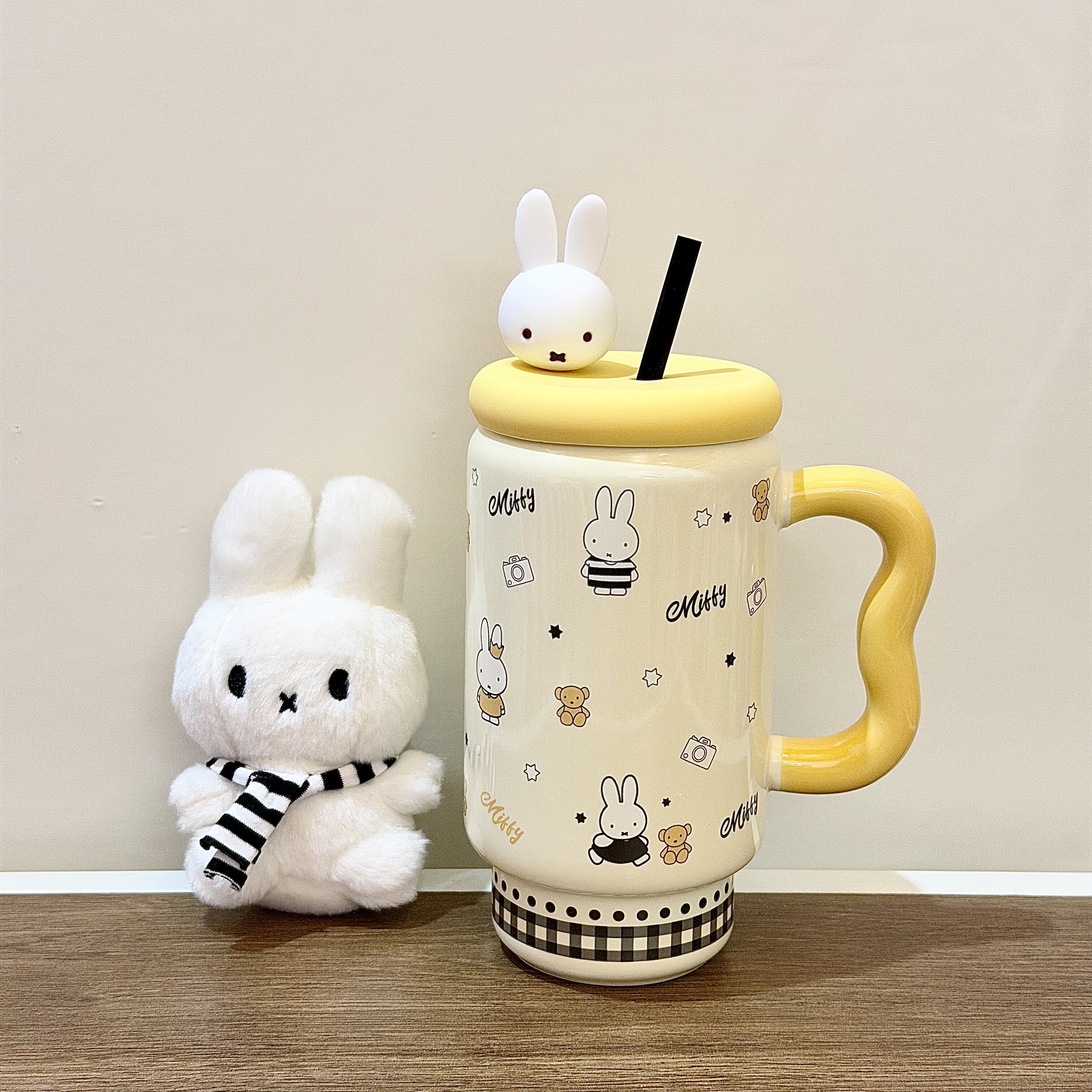 元森商店 米菲陶瓷水杯可爱大容量吸管杯便携女马克杯学生牛奶杯 - 元森商店store出品