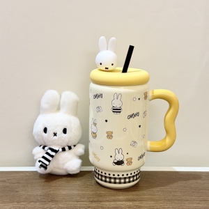 元森商店 米菲陶瓷水杯可爱大容量吸管杯便携女马克杯学生牛奶杯