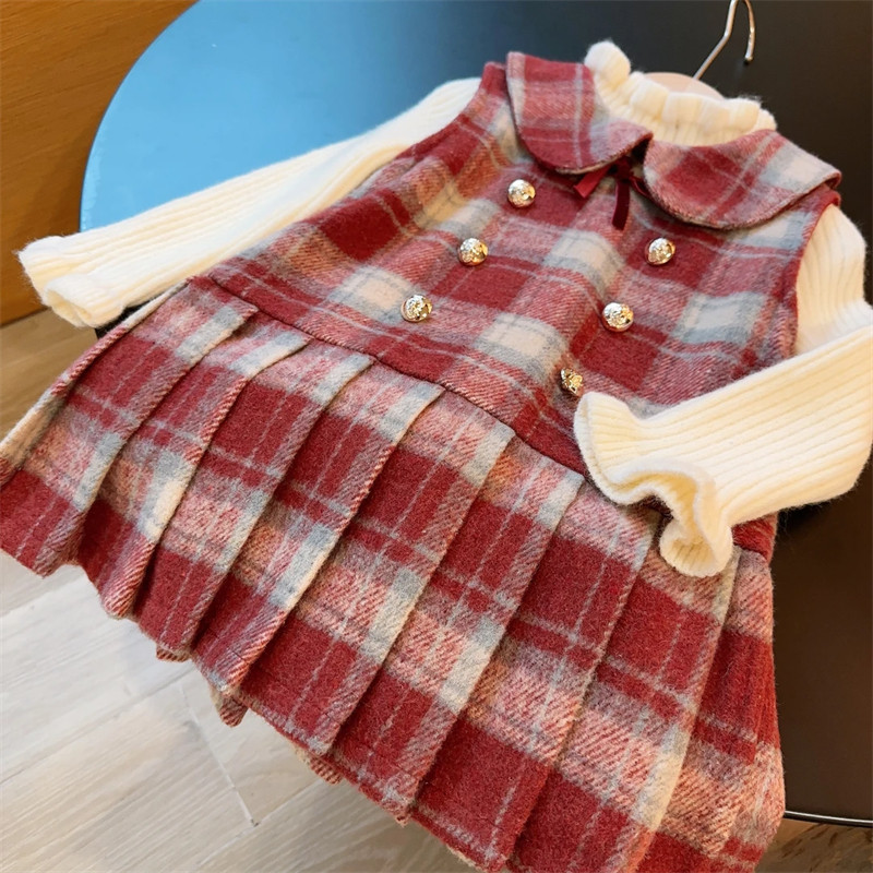 女童小香风毛呢背心裙套装2025冬新款儿童拜年礼服加绒格子百褶裙
