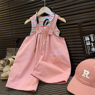 2026韩版女童夏季新款洋气时髦套装宝宝条纹背心宽松背带裤两件套