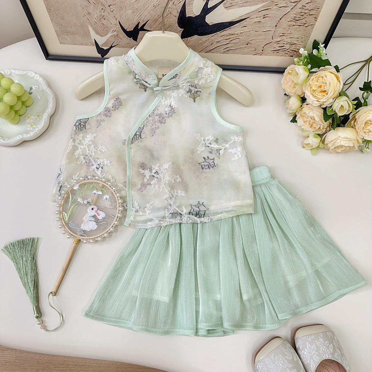 夏季新款女童国风上衣短裙两件套