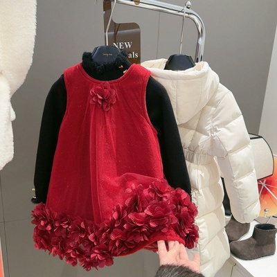 洋气女童大红拜年背心连衣裙