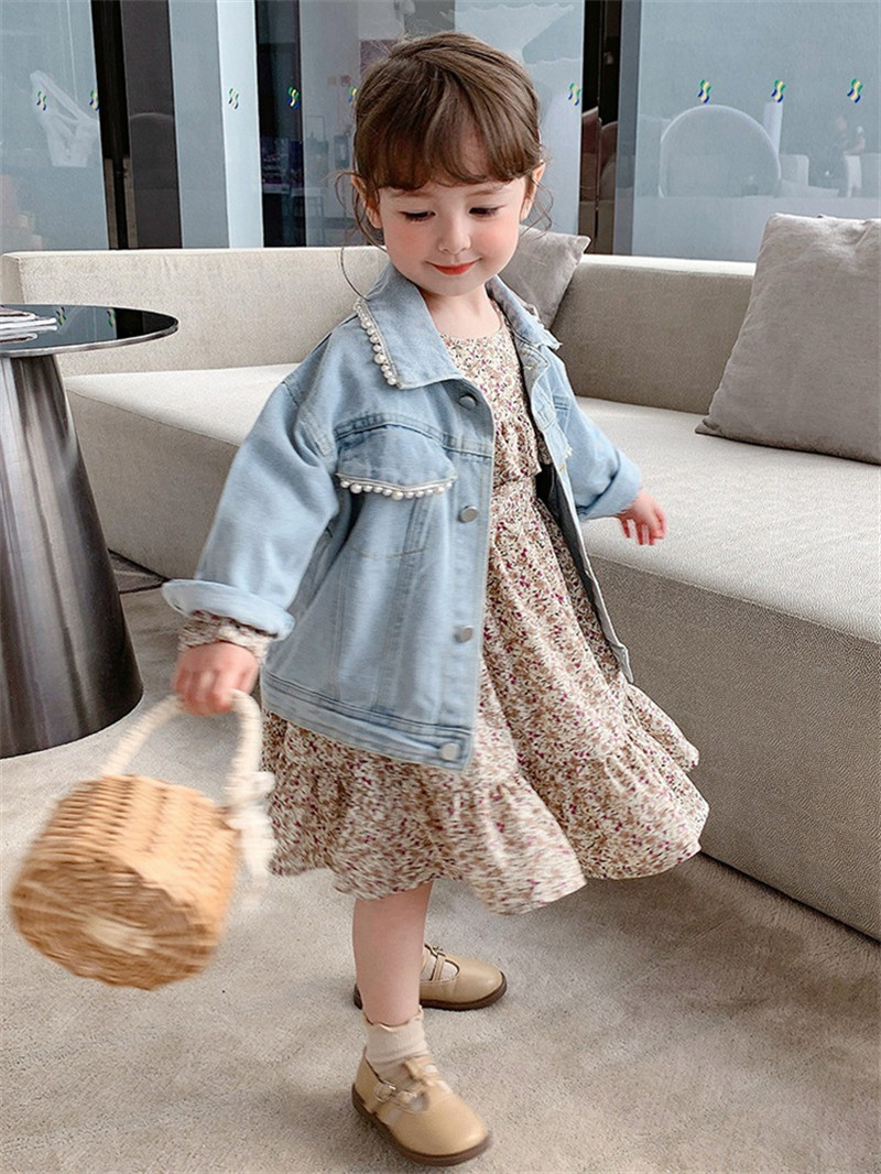 2024 봄 가을 신사복 진주 한국 스타일 아동 데님 자켓 베이비 스타일 코튼 캐주얼 가디건 탑