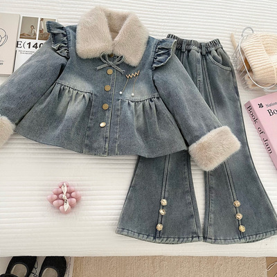 女童加绒加厚牛仔套装