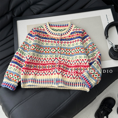 女宝民族风撞色花纹针织开衫