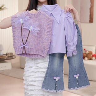 2026秋季新款女童欧若风套头针织马甲套装少女风衬衫牛仔裤三件套