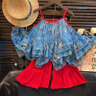 女童夏季新款套装儿童洋气时髦碎花荷叶边吊带上衣喇叭裤两件套潮
