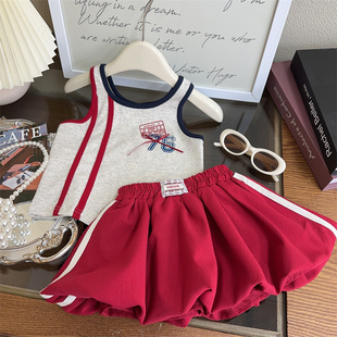 韩国女童运动套装夏季新款中小童数字拼色背心休闲花苞短裤两件套