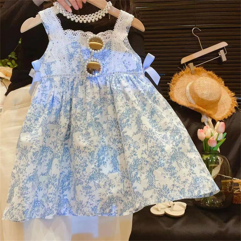 2025夏季新款韩版洋气女童蕾丝花边吊带连衣裙女孩背心裙碎花裙子