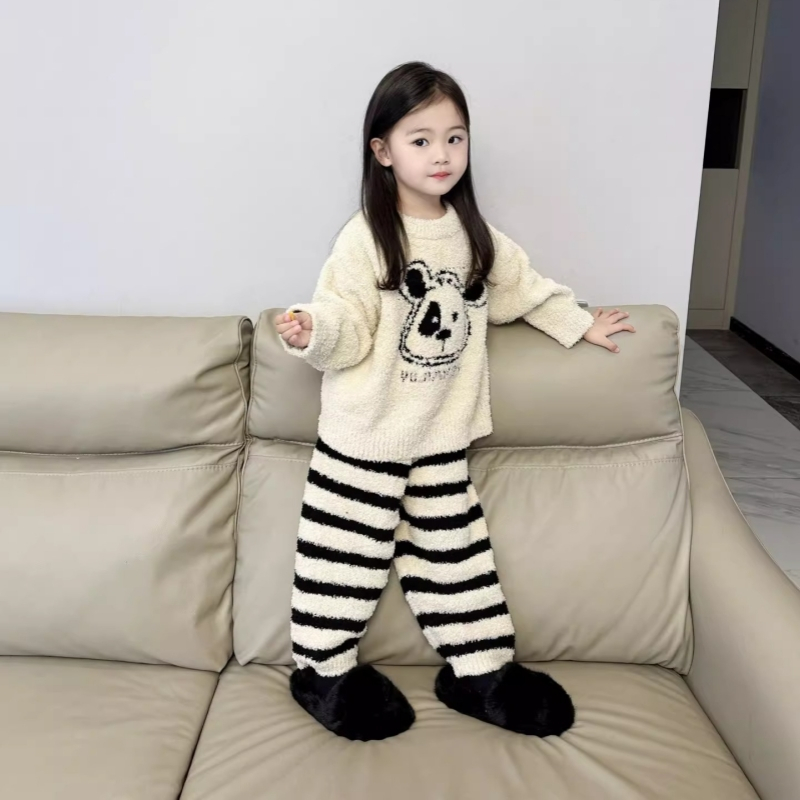 儿童软绵绵睡衣珊瑚绒女童家居服套装宝宝春秋法兰绒半边绒两件套