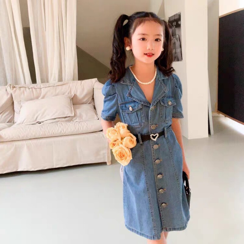 女童牛仔连衣裙夏泡泡袖港风走秀复古裙子儿童影楼拍照时髦连衣裙