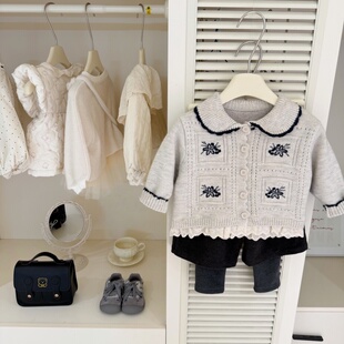 女童韩系绣花针织外套2025秋冬新款儿童洋气翻领毛衣洋气百搭上衣