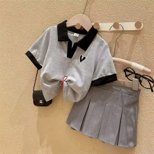 女宝宝学院风韩版 女童休闲套装 新款 上衣百褶裙两件套 2024夏季 短袖