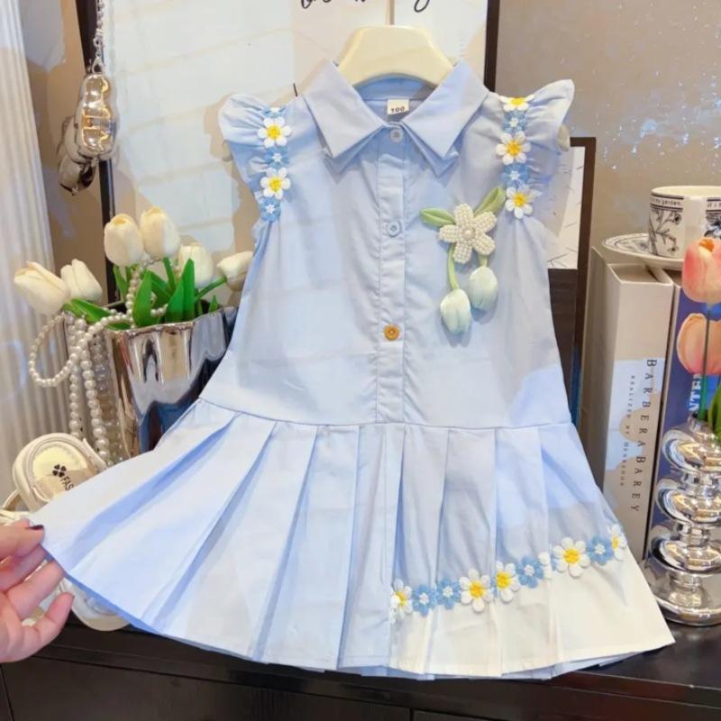 女童小飞袖衬衫连衣裙2025夏季女孩花边无袖百褶裙学院花朵背心裙