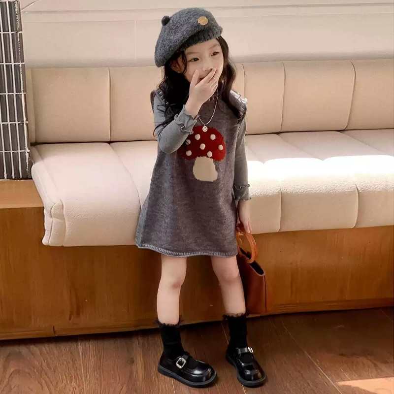 女童可爱蘑菇针织连衣裙春装