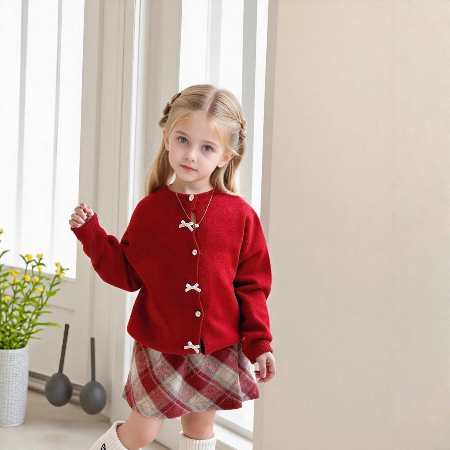 女童红色毛衣格子半身裙套装