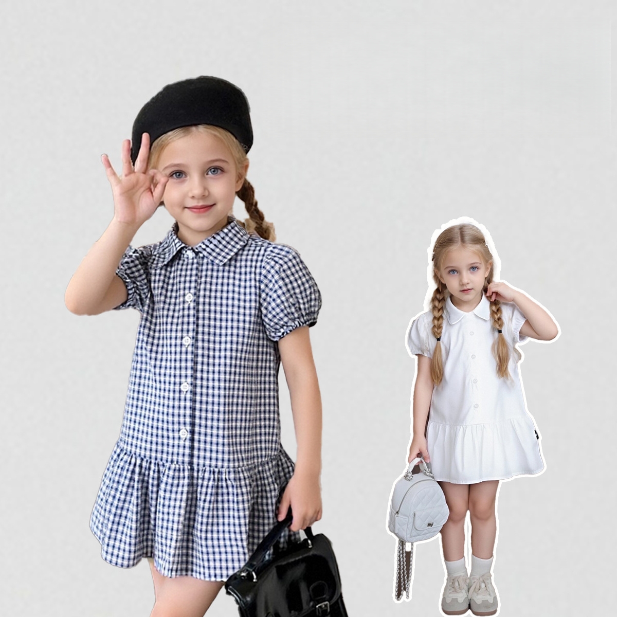 学院风翻领连衣裙百褶格子裙