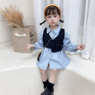女童洋气春秋套装 2026秋季新款韩版宝宝中长款衬衫裙+马甲两件套
