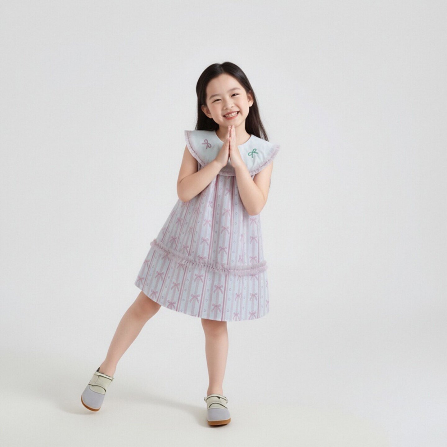 女童甜美公主裙夏季新款宝宝大翻领彩色蝴蝶结无袖蕾丝花边连衣裙