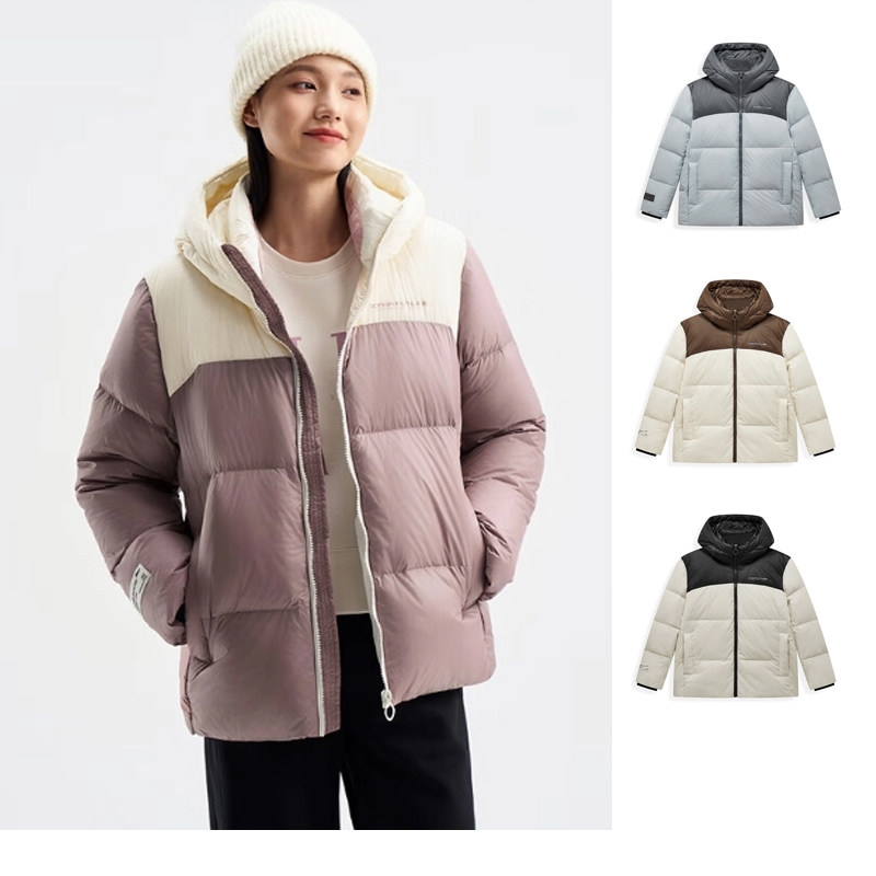 特步女款保暖拼色羽绒服秋冬款加绒加厚上衣女外套976428 190347
