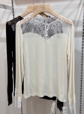 优布客5828秋新款蕾丝领口保暖内搭T恤打底衫高级感正肩显瘦上衣