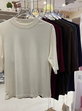 咔鹿衣2865简约中袖小圆中领基础T恤打底衫纯色上衣弹力舒适显瘦