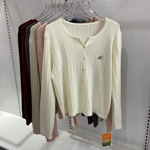 新款女士圆领长袖针织开衫毛衣