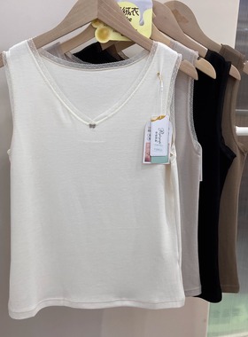 朴怡优品9705秋冬季新款女士V领修身保暖背心打底上衣蕾丝边吊带