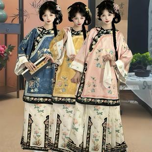 原创花鸟间格格服清汉女汉服复原斜襟圆领民族服印花马面春秋款