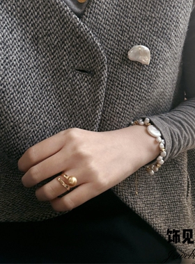 双层天然金珠S925银不掉色戒指高级感个性轻奢指环独特设计食指戒