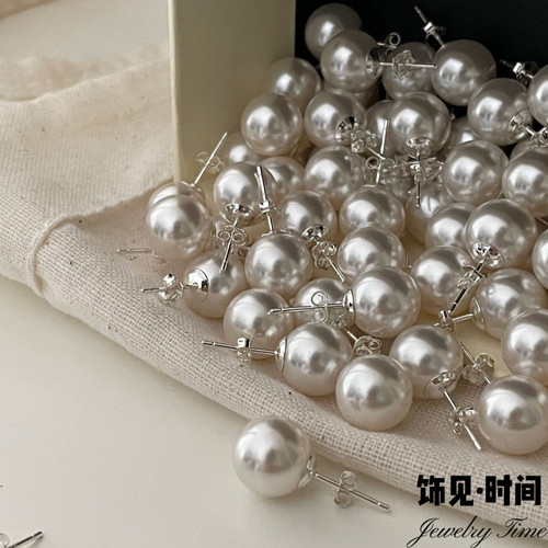 赫本风10mm正圆无瑕施家珍珠S295银耳钉时尚简约耳环通勤百搭耳饰