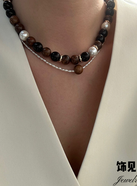 新中式复古小众黄梨花木吊坠天然小米珍珠项链女高级感气质锁骨链