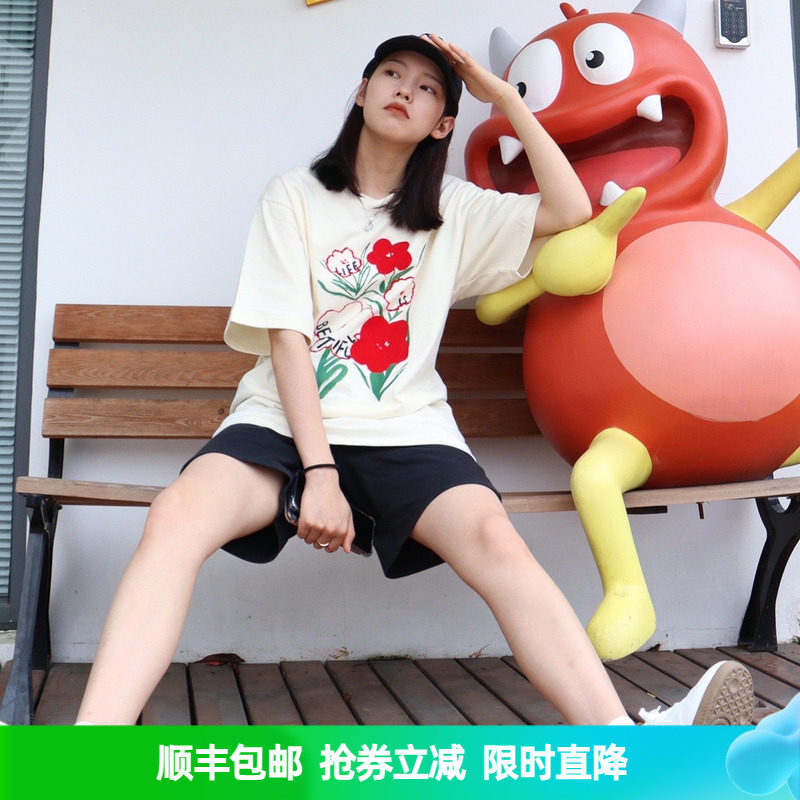 noconfuse无性别潮牌t恤短袖小红花新款宽松植绒纯棉白夏男女