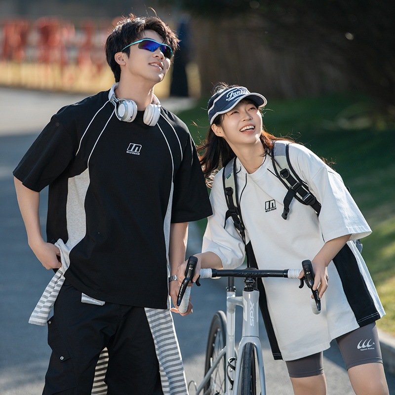 SAMBO撞色拼接设计休闲短袖T恤男夏款潮牌美式字母刺绣半袖体恤衫