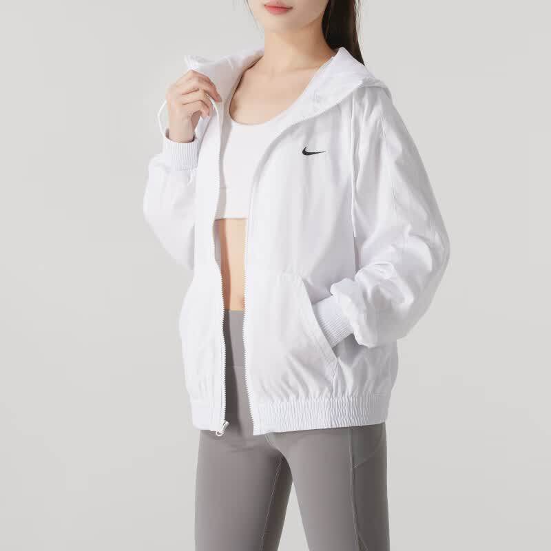 Nike耐克女子连帽防风衣运动休闲梭织防晒外套白色拉链开衫潮流