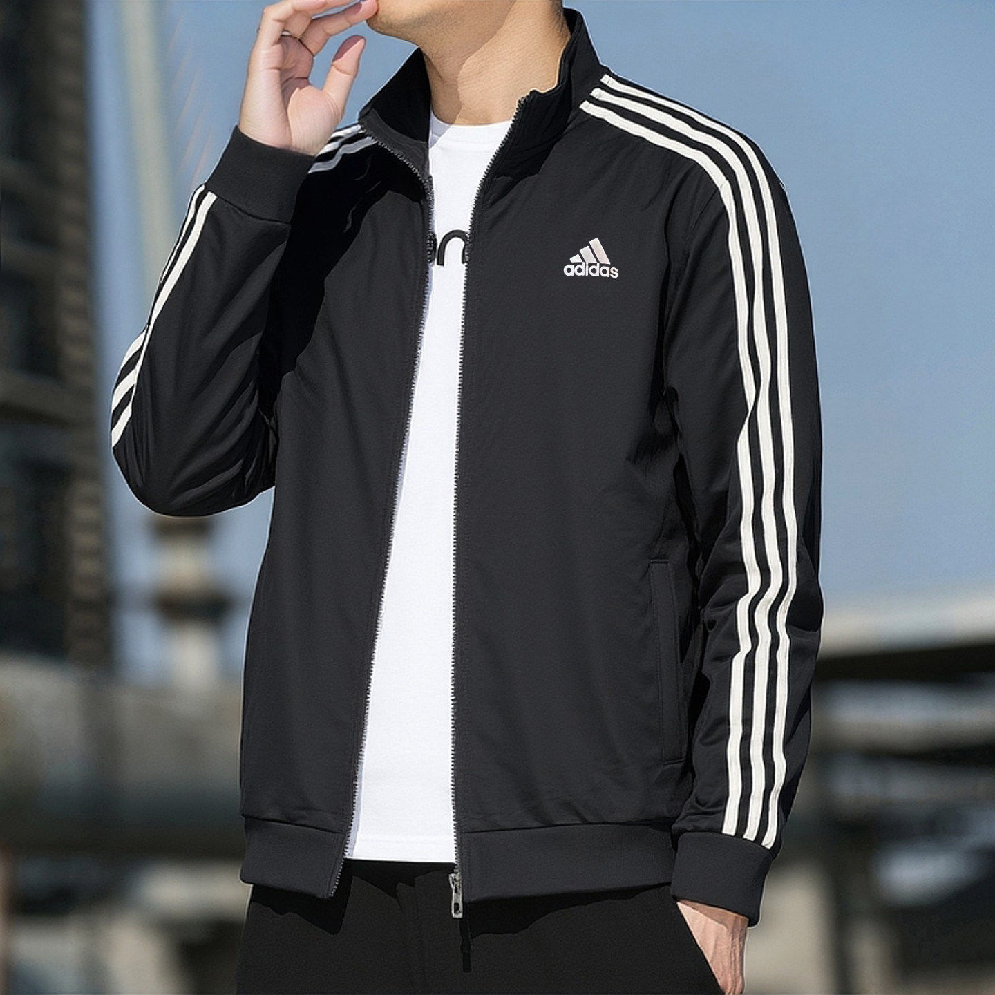 阿迪达斯立领外套男春季新款透气防风棒球服美式复古黑色休闲夹克